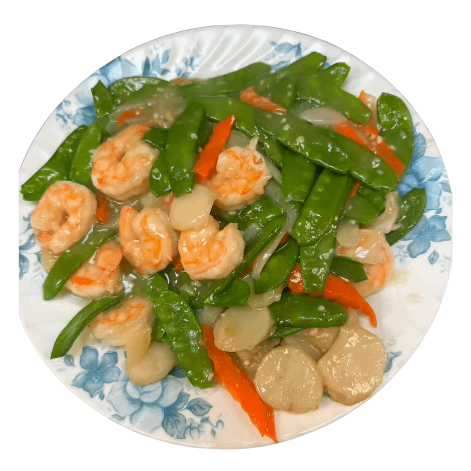 Shrimp stir - fried with snow peas and carrots at Wing Wah Restaurant, a Chinese Restaurant in Chicago